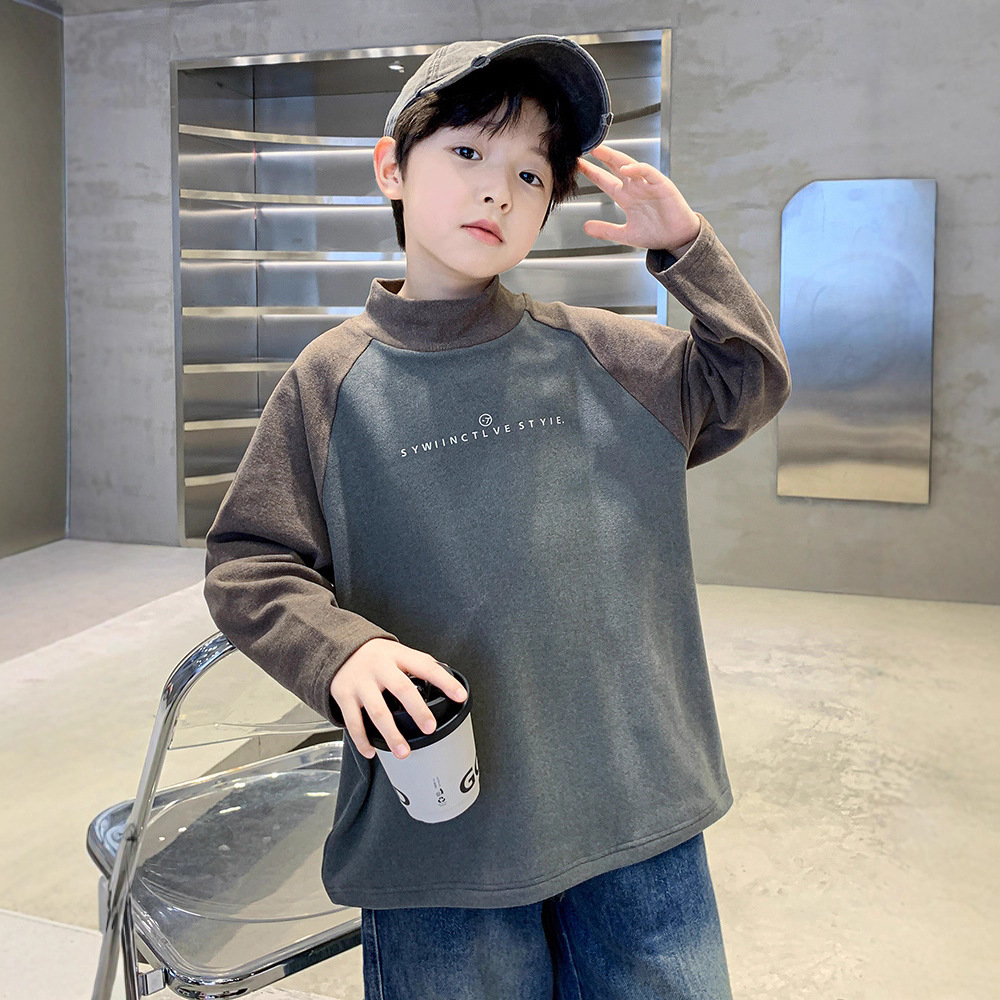 男童德绒打底衫秋冬新款中大童半高领内搭潮T儿童拼色长袖t恤,童装T恤,摩比熊 男童德绒打底衫秋冬新款中大童半高领内搭潮T儿童拼色长袖t恤,童装T恤,摩比熊