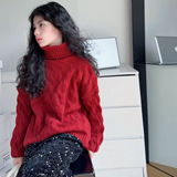 新年红色麻花高领毛衣女秋冬季新款加厚软糯休闲百搭打底针织衫暖，童装毛衣，摩比熊