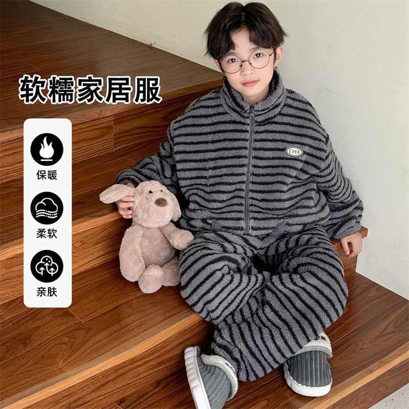 新款秋冬款男童加厚加绒开衫家居服中大童休闲两件套睡衣套装，童装家居服（睡衣），摩比熊