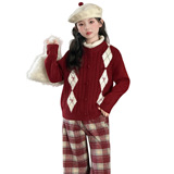 女童冬季洋气时髦红色开衫毛衣套装女大童拜年服儿童秋冬加绒裤子，童装毛衣，摩比熊