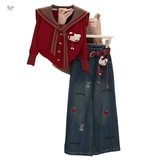 女童秋冬套装新款洋气中大童领针织毛衣卡通牛仔裤套装潮，童装休闲套装，摩比熊