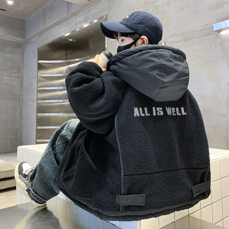 男童冬装加绒外套新款儿童秋冬季中大童男孩加厚羊羔绒毛毛衣，童装外套，摩比熊