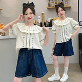 女童牛仔短裤套装新款中大童洋气女孩儿童夏装短袖休闲两件套，童装休闲套装，摩比熊