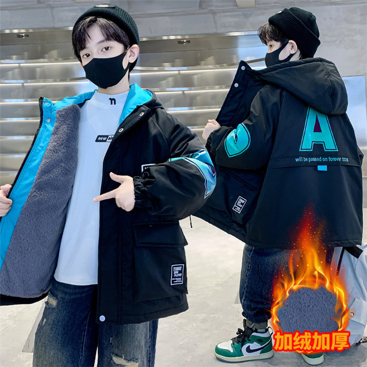 童装男童冬装外套新款中大童冬季加绒加厚派克服儿童兔毛棉衣，童装棉衣，摩比熊