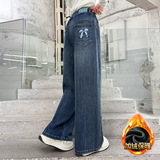 女童加绒牛仔裤秋冬款新款中大童秋季直筒裤子宽松儿童秋装潮，童装裤子，摩比熊