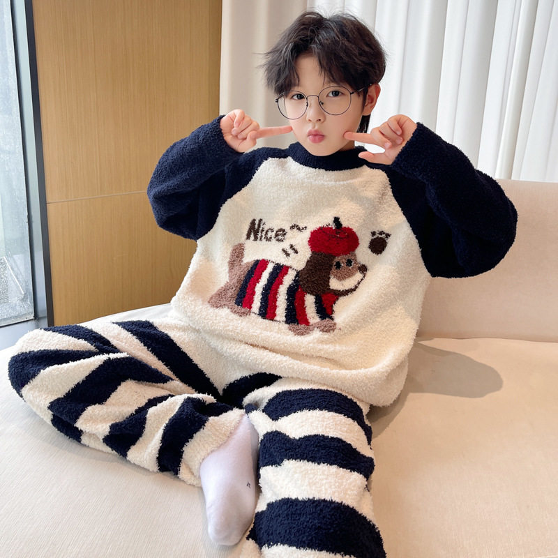 新款男童加厚加绒时髦休闲家居服秋冬款休闲睡衣冬季套装潮牌，童装家居服（睡衣），摩比熊