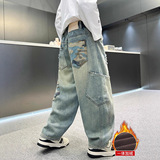 男童牛仔裤秋冬加绒工装裤子新款儿童休闲裤中大童秋冬季长裤，童装裤子，摩比熊