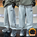 儿童装男童秋冬加绒收脚口运动大童冬装一体绒宽松裤子潮，童装裤子，摩比熊