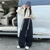 女童年冬季新款个性拼接格子休闲裤女大童冬季加绒加厚阔腿裤，童装裤子，摩比熊