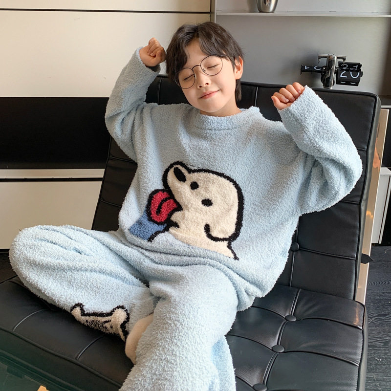 新款秋冬季休闲时髦加绒家居服中大儿童冬季加厚睡衣两件套潮，童装家居服（睡衣），摩比熊