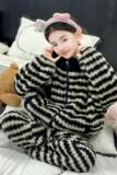 女童冬季新款条纹法兰绒家居服套装拉链立领可外穿中大童宽松睡衣，童装家居服（睡衣），摩比熊