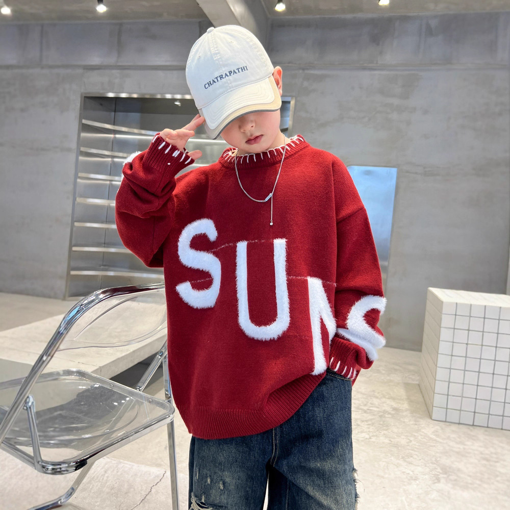 男童毛衣新款秋冬款洋气冬季针织衫大儿童冬装套头加厚上衣潮，童装毛衣，摩比熊