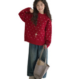 女童毛衣秋冬加厚新款洋气女孩圣诞针织衫中大童韩版波点上衣，童装毛衣，摩比熊