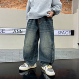 男童秋冬复古宽松阔腿牛仔裤新款长裤中大儿童加绒加厚裤子潮，童装裤子，摩比熊