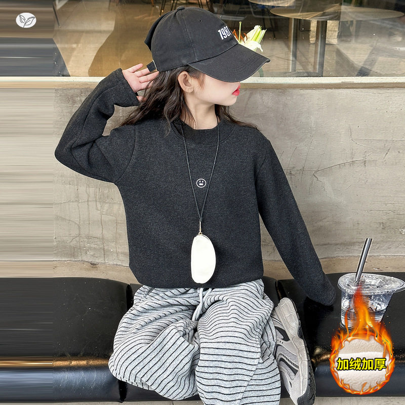 女童秋冬加绒打底衫新款笑脸刺绣长袖上衣中大童休闲绒衫内搭，童装T恤，摩比熊