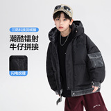 男大童冬装镭射牛仔拼接防寒面包羽绒服新款青少年儿童装外套，童装羽绒服，摩比熊