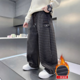 男童加绒裤子一体绒新款中大童长裤加厚儿童格子休闲裤秋冬潮，童装裤子，摩比熊