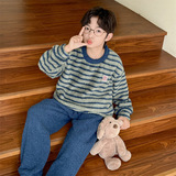 男童条纹套头睡衣加厚中大童秋冬款时髦绒软糯家居服男孩外穿套装，童装家居服（睡衣），摩比熊