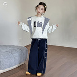 女童加绒卫衣套装秋冬新款中大童卡通刺绣套头衫阔腿裤两件套，童装休闲套装，摩比熊