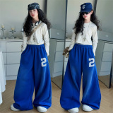 时尚韩版字母女孩宽松高腰直筒运动长裤春秋季洋气长裤潮，童装裤子，摩比熊
