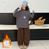 女童加厚毛衣套装冬季新款中大童条纹针织上衣加绒长裤两件套，童装休闲套装，摩比熊