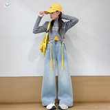 女童冬季新款后袋刺绣结加绒牛仔裤送腰带女孩保暖直筒裤，童装裤子，摩比熊