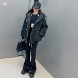 女童冬季新款时尚甩漆潮酷棉衣牛仔喇叭裤套装中大童加绒保暖，童装休闲套装，摩比熊