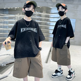 男童夏季套装夏装新款儿童装洋气运动休闲字母短袖T恤两件套，童装休闲套装，摩比熊