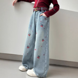 女童加绒牛仔裤秋冬装新款大童洋气加厚阔腿裤女孩冬季长裤子，童装裤子，摩比熊