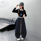 女童年冬季新款腰口绣花加绒弯刀裤女大童拼接加厚保暖阔腿裤，童装裤子，摩比熊