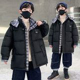 童装冬装格子领连帽棉服男童加厚棉衣中大童洋气假两件棉袄潮，童装棉衣，摩比熊