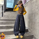 女童净色牛仔裤年秋冬加绒新款中大童刺绣阔腿裤弯刀长裤，童装裤子，摩比熊