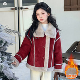 女童皮毛一体外套年冬季新款中大童韩系大毛领夹克衫保暖上衣，童装外套，摩比熊