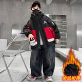 男童加绒棉服外套冬季新款棉衣加厚连帽中大童酷帅男孩派克服，童装棉衣，摩比熊