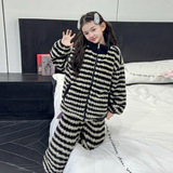 女童冬季新款条纹法兰绒家居服套装拉链立领可外穿中大童宽松睡衣，童装家居服（睡衣），摩比熊