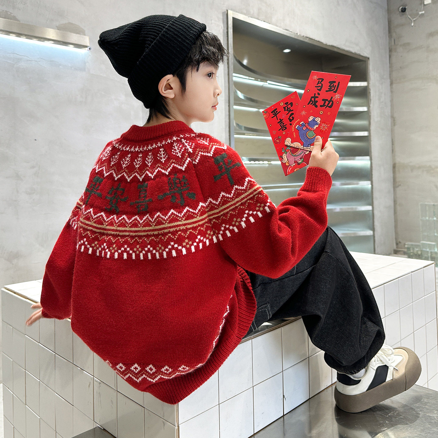 男童加厚红色毛衣冬季新款儿童中大童本命马年冬装过新年衣服，童装毛衣，摩比熊