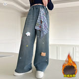 女童加绒牛仔裤年秋冬新款中大童彩色星星阔腿裤玩偶直筒长裤，童装裤子，摩比熊