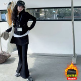 女童秋冬加绒套装年新款中大童休闲半拉链卫衣喇叭长裤两件套，童装休闲套装，摩比熊