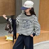 女童披肩卫衣秋新款洋气儿童女孩长袖上衣女大童秋季条纹衣服，童装卫衣/绒衫，摩比熊