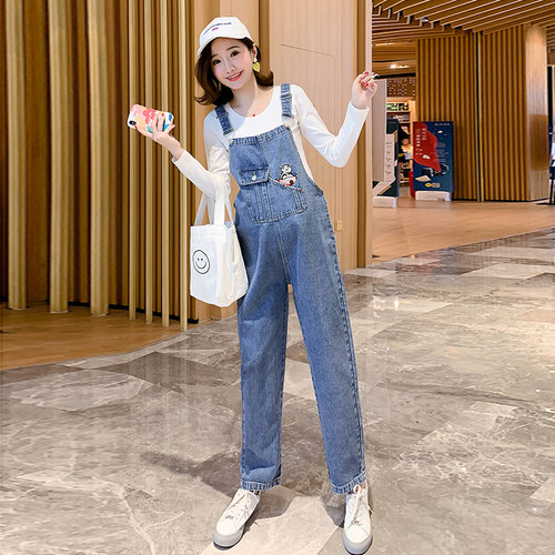 牛仔裤孕妇加绒背带裤秋冬两件套