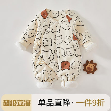 新生婴儿衣服纯棉秋冬装夹棉加厚哈衣爬服出生幼儿宝宝保暖连体衣