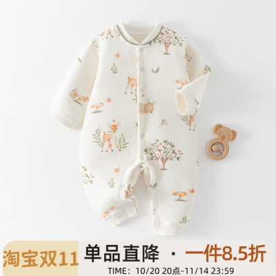 新生婴儿衣服纯棉秋冬装夹棉加厚哈衣爬服出生幼儿宝宝保暖连体衣