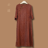 国风桑蚕丝圆领斜襟单层珠扣香云纱连衣裙 中式 绣云南