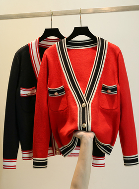 刘雯明星同款小香风名媛红色毛衣开衫女宽松外穿长袖针织外套上衣