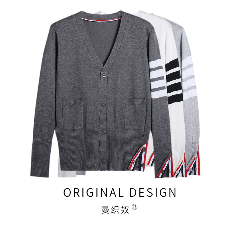 tb开衫男女早春新款四条杠条纹上衣宽松学院风针织衫情侣毛衣外套