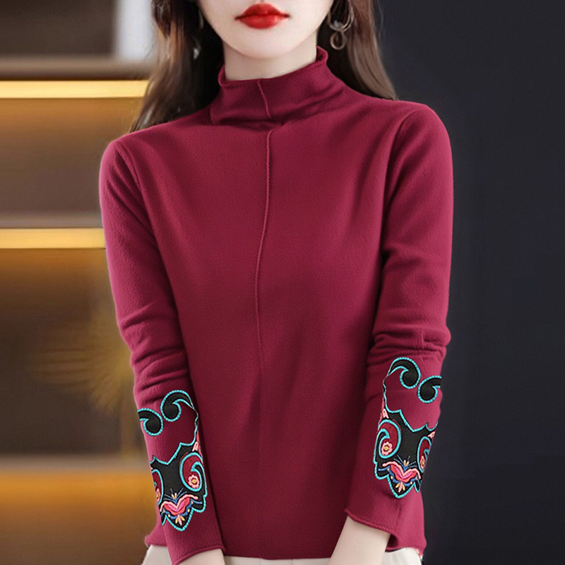 妈妈装时尚德绒长袖半高领女t恤