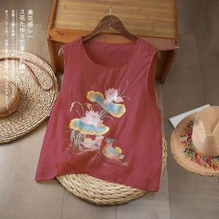 宽松显瘦 多巴胺穿搭新款 刺绣无袖 吊带背心棉麻上衣女圆领夏季 小衫