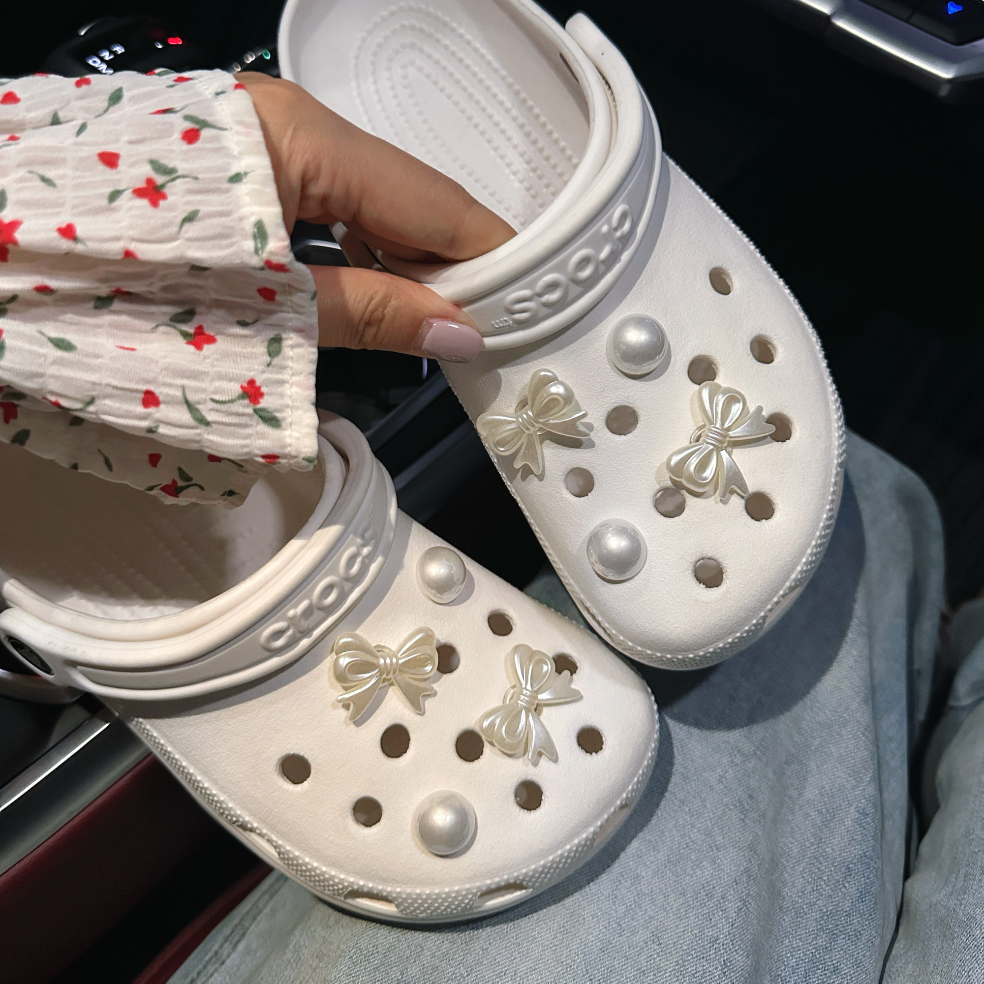 领结蝴蝶结少女珍珠洞洞鞋配饰鞋花适配crocs卡骆驰装饰配件鞋扣