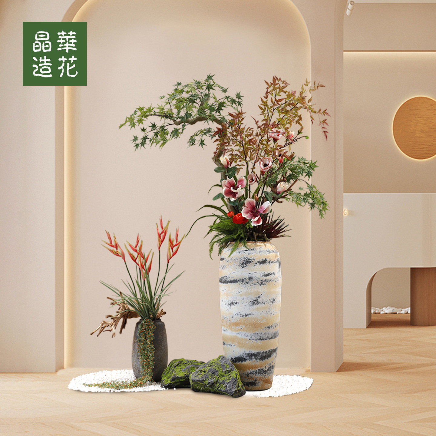 大型中式仿真花艺落地造景图片