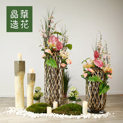 晶华仿真绿植造景中国风传统灯笼花艺套装复古中式创意落地摆件